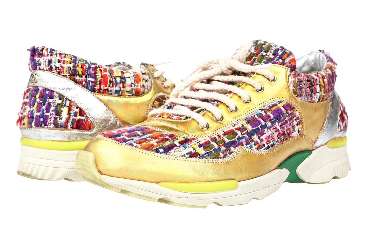 CHANEL Women's Multi Color TWEED Metalic CC logo Lace Up