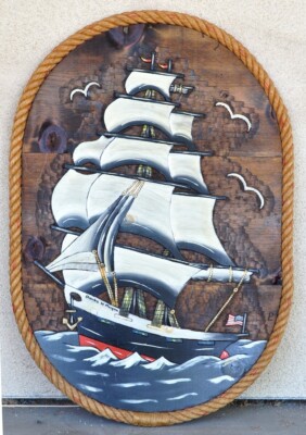Relief wood carving (25''x36'') depicting the whaling ship Charles W. Morgan