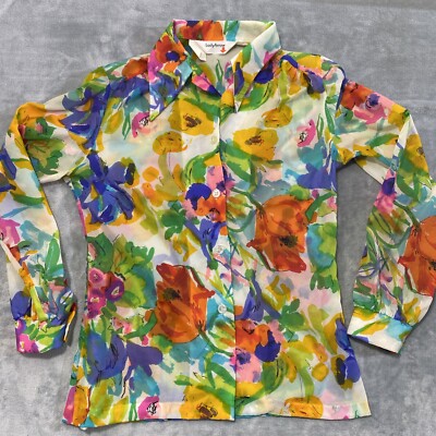 Vintage 70 s Retro Button Down Shirt Blouse Top Lady Arrow Oversized Collar Sz M