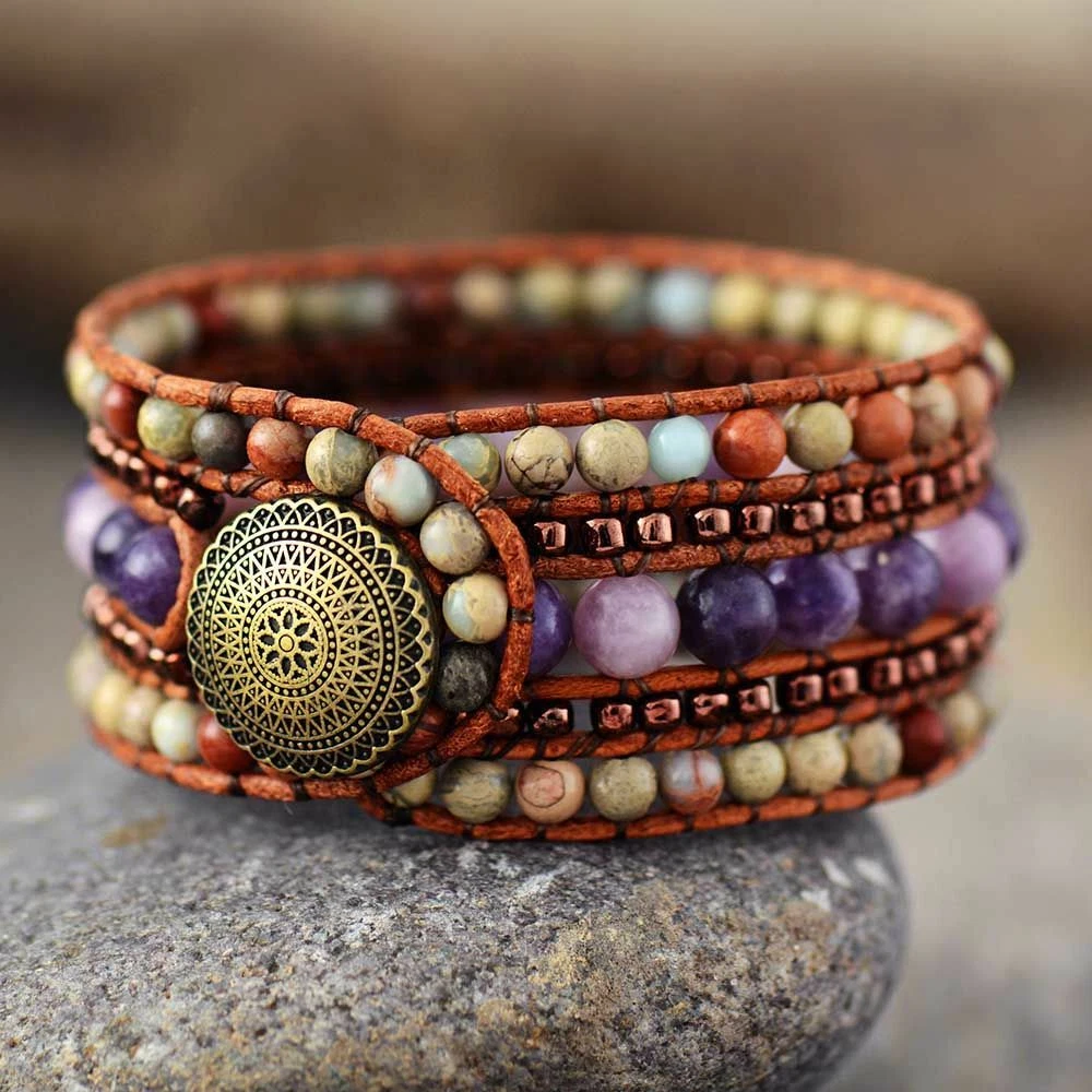 Multi Row Leather Wrap Bracelet Vintage Seed Bead Women Natural Cuff Bangle Gift