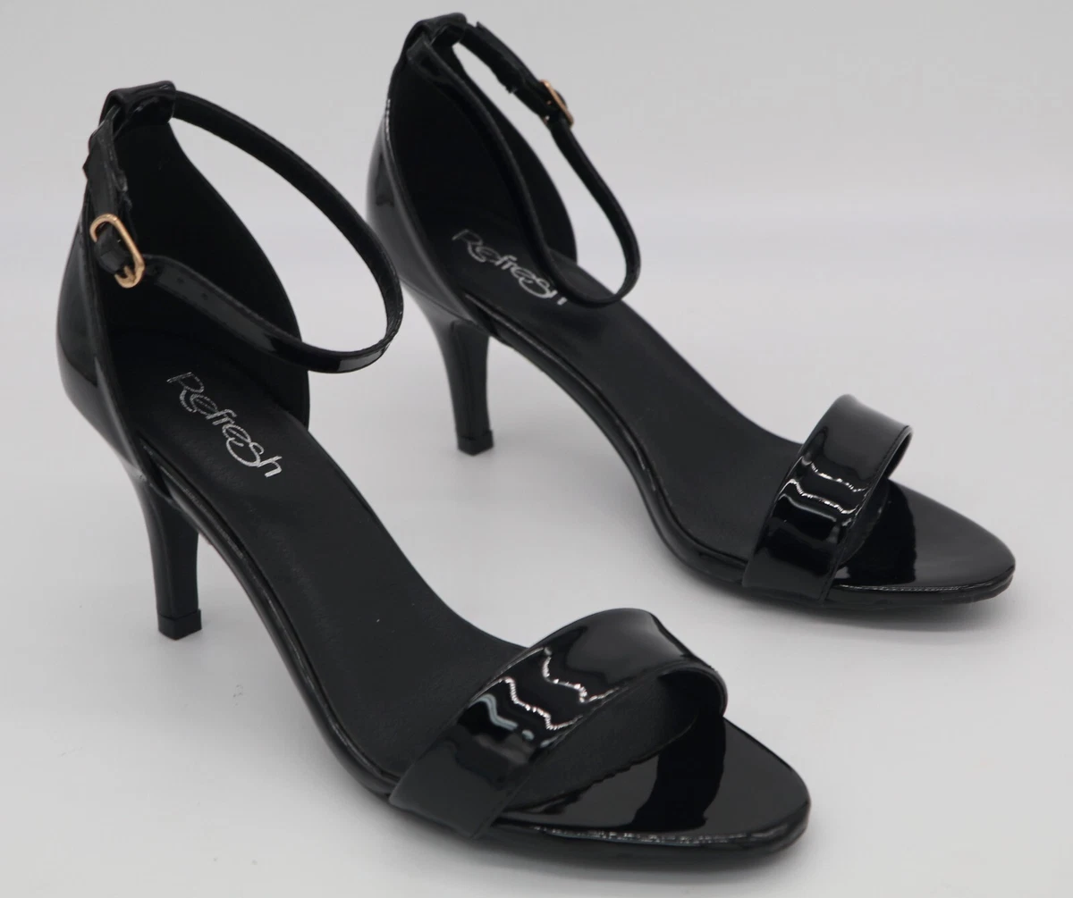 REFRESH TWINKLE 07 WOMEN S STRAPPY PUMPS HEELS SHINY BLACK SHOES ANKLE STRAP