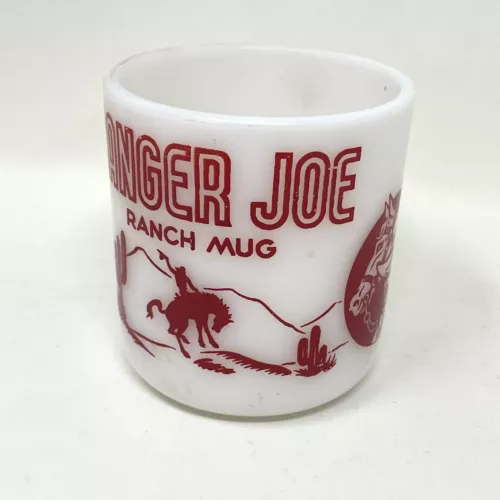 HAZEL ATLAS Red Ranger Joe Ranch Mug Children's D Handle Milk Glass Mug Vintage