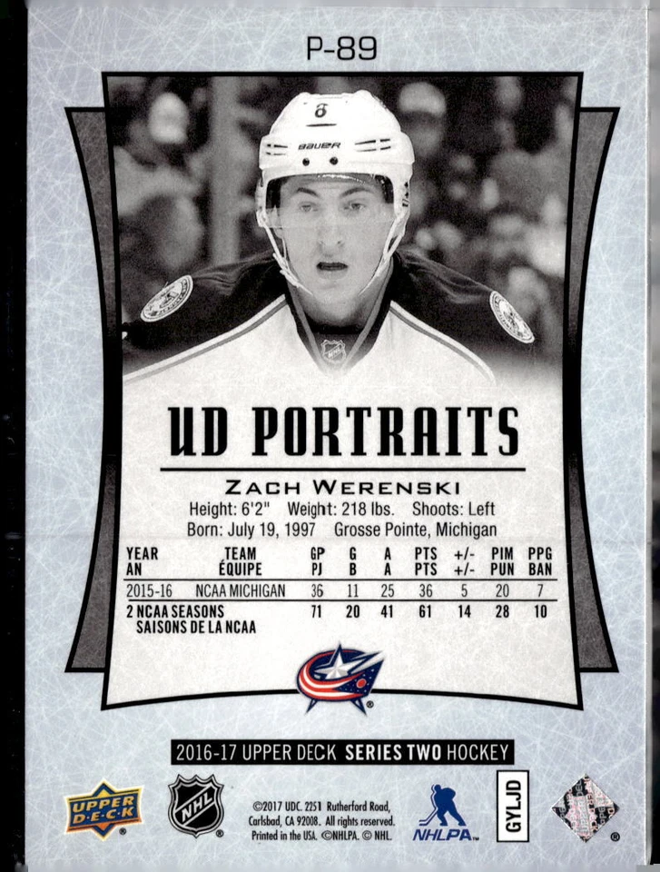 2016-17 Upper Deck #P-89 Zach Werenski UD Portraits - Image 2 of 2