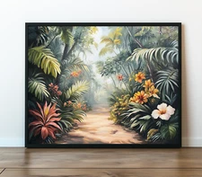 Jungle Trees And Flowers Oil Painting Wall Art Print Printed On Canvas Artprint