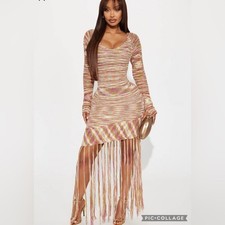 Fashion Nova Multicolor Long Sleeve Fringe Knit Dress