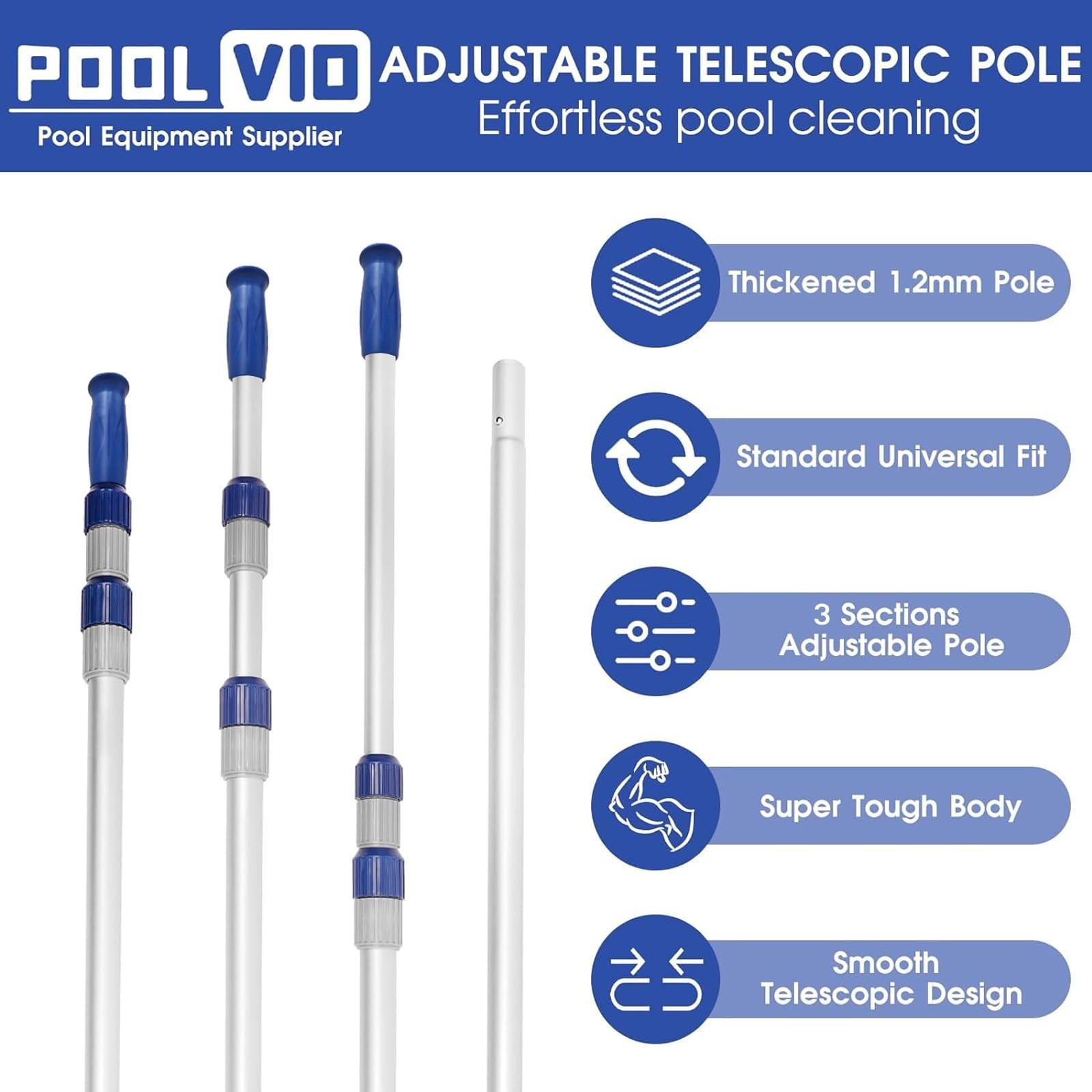 15 FT Telescopic Pool Pole - Adjustable 3 Piece Aluminum Pool Skimmer Pole fo...