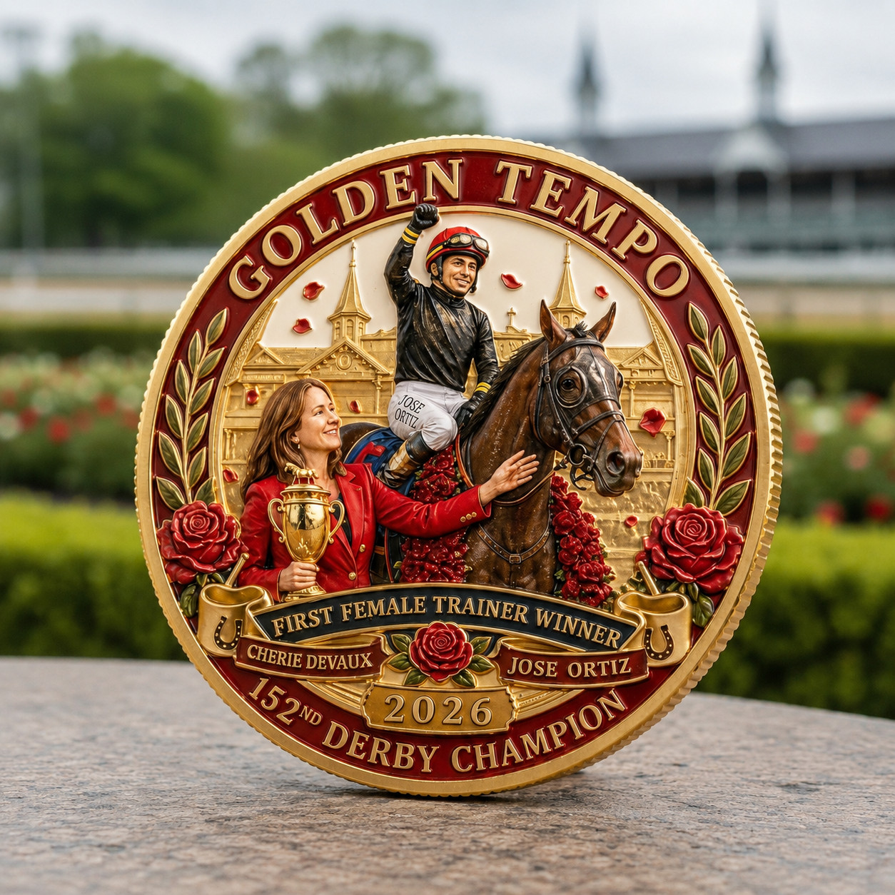 152nd Kentucky Derby Champion Coin 2026 Golden Tempo Cherie Devaux Jose Ortiz