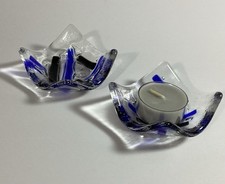 Glass Candle Holder Tea Light Decor Clear Blue Set Of 2
