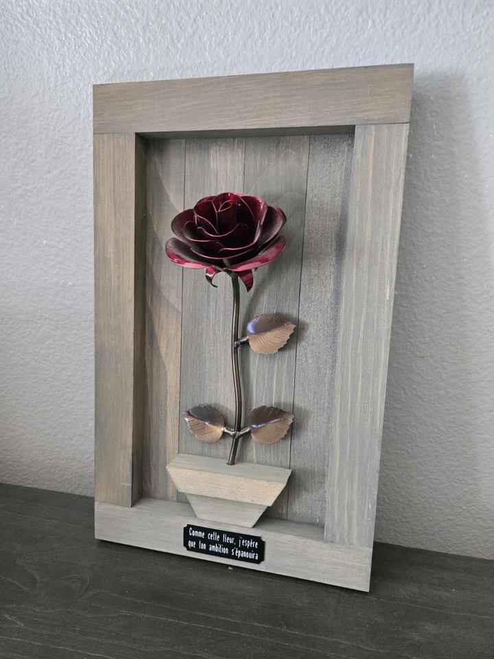 French Red Metal Rose Plaque "Ambition Will Blossom" Wooden Wall Art Cottagecore - Image 4 of 4