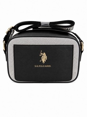 U.S. Polo Assn. Black/Whi Medium Crossbody Bag Zip Closure Adjustable Logo Strap