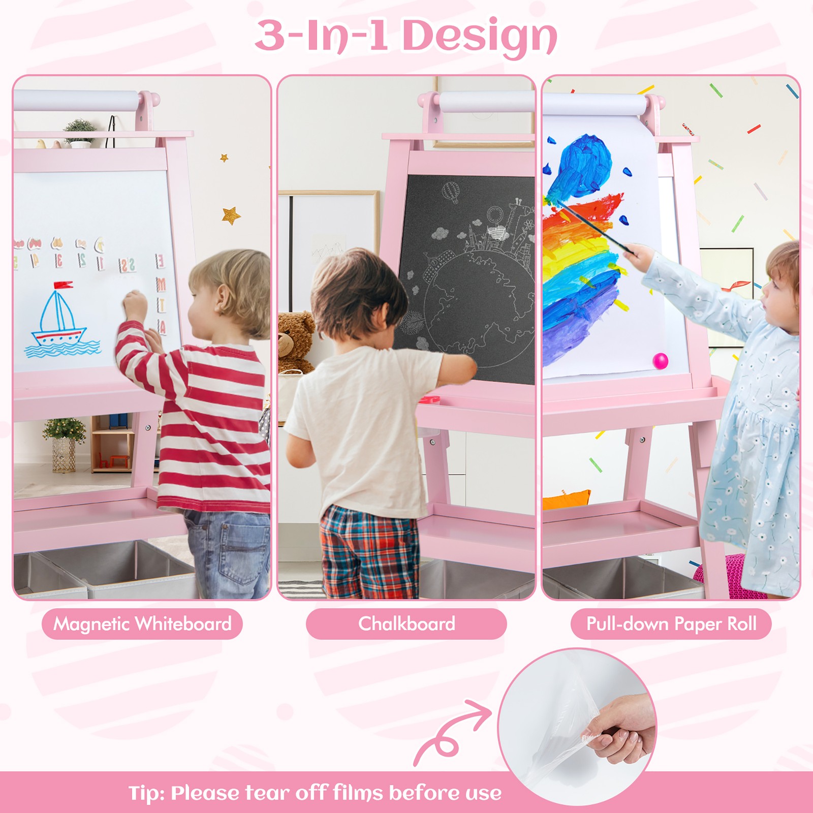 3 in 1 Double-Sided Storage Art Easel w/Paint Cups Writing Teal Frosting Pink