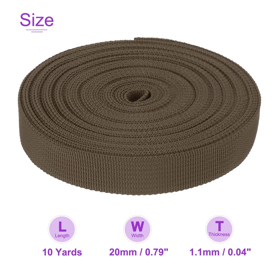 10Yard x 3/4" Width Nylon Webbing Strap Poly Flat Webbing Strapping Dark Brown Foto 3 de 4