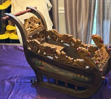 Antique German Hand Carved Wooden Sleigh Bavarian Folk Art Black Forest Style