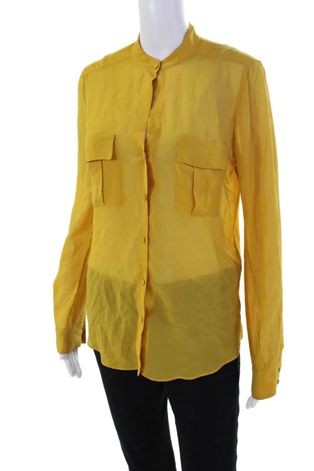 Blusa BCBGMAXAZRIA Mujer Seda Manga Larga Abotonada Amarilla Talla S Foto 2 de 4