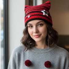 Y2K Striped Cat Ear Beanie Pom Pom Hat Red Black Knit E-Girl Winter Star Cap