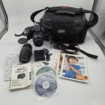 Canon Rebel T3 DSLR Camera Bundle 18-55mm 75-300mm Lens Bag Charger Manual Works