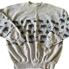 AU Art Unlimited Moose Maine Gray & Navy Mock Neck Sweatshirt Vintage Size XL