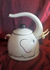 Vtg1980s Elephant Whistling Tea Kettle M. Kamenstein Light Gray Enamel Teapot