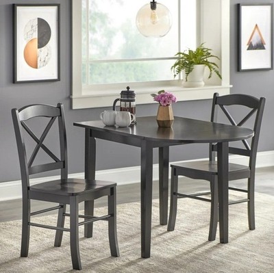 Black 3 Pc Dining Room Set Wood Kitchen Furniture Drop Leaf Table 2 ...