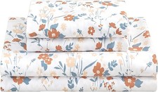 Floral Queen Sheet Set Orange Flower Printed Bed Sheets 4 Pcs Soft Microfiber