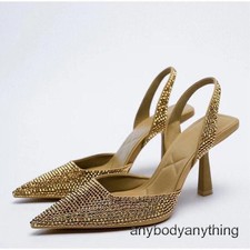 Women Rhinestone Pointed Toe Stiletto Sandals Slingbacks High Heels Party Shoes