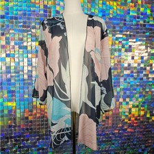 Floral Chiffon Kimono Womens OS Pink Navy Good Sheer Open Front Boho