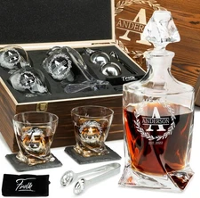 Frolk Personalized Twisted Whiskey Decanter Gift Set, 2 glasses, 2 balls, tongs