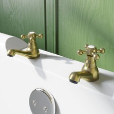 Oxford Bathroom Bath Pillar Tap Set Pair Round Single Cross Handle Brushed Brass