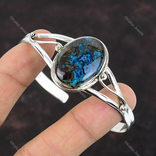 Gift For Women Bangle Adjustable 925 Silver Natural Boulder Azurite Gemstone - Picture 4 of 9