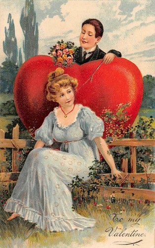 VALENTINE EMB PC, WOMAN IN BLUE & MAN AT FENCE, LARGE HEART, PFB PUB ...