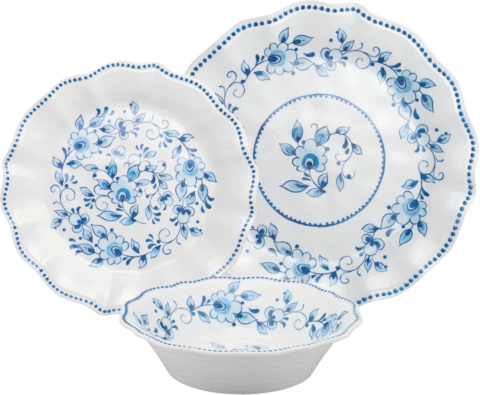Juego de vajilla de melamina de 12 piezas, diseño azul y blanco, servicio para 4 Foto 2 de 4