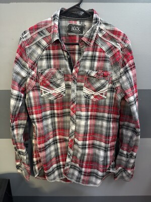 Black Buckle Mens M Shirt Button Up Snap Western Plaid Red White