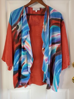 Yolanda Lorente Hand Painted 100% Silk Open Cardigan Jacket Flutter Sleeves S