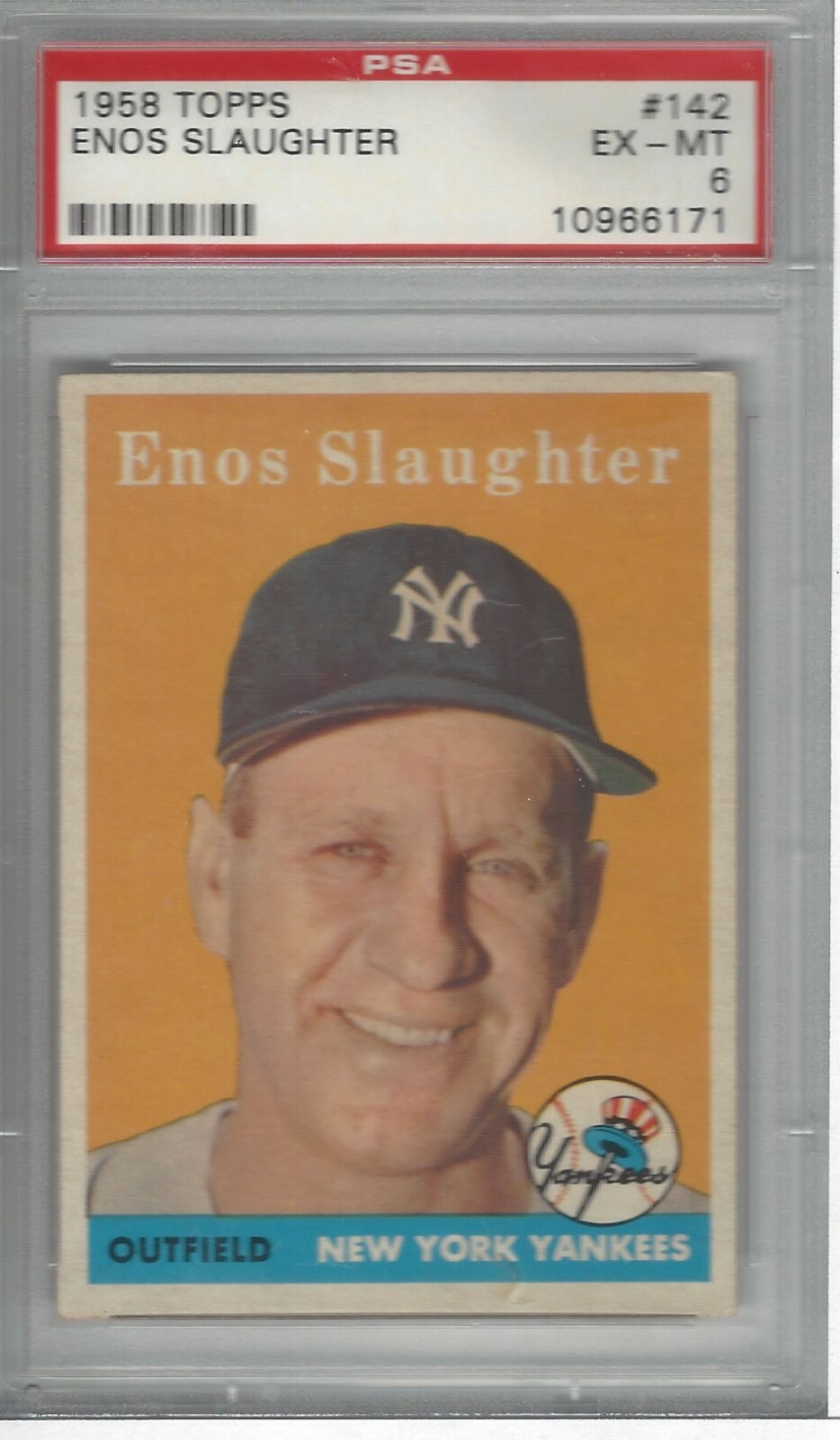 ENOS SLAUGHTER 1958 TOPPS BASEBALL #142 EX-MT PSA 6