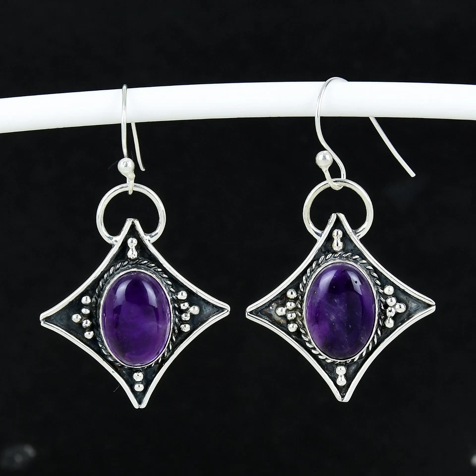 Ametista Gemma 925 Argento Sterling Mano Gioielli Orecchino Regalo per Lei - Immagine 4 di 4