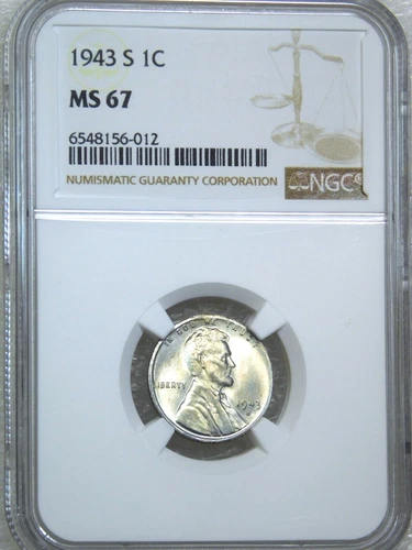 1943 S Lincoln Steel Cent NGC MS67 Bright Lovely Satiny Luster, PQ #F677K