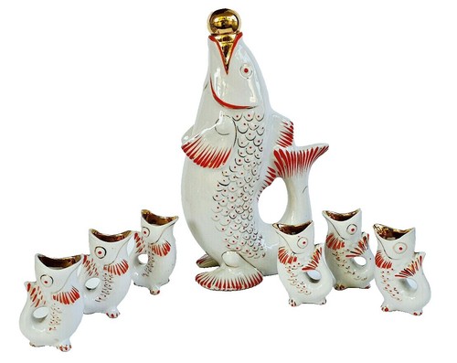 Vintage Japenese Sake Bottle Porcelain Radishes Stripes Peppers