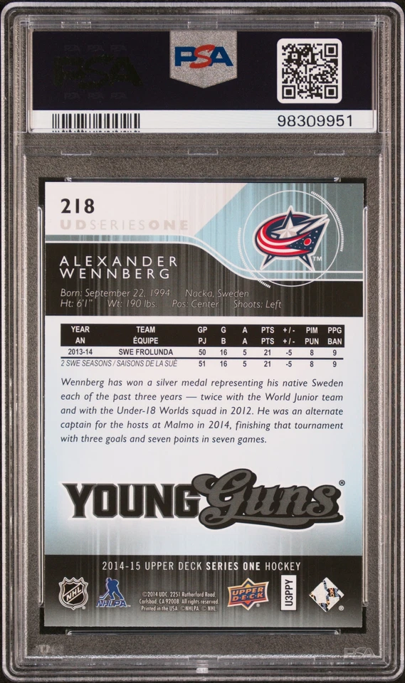 2014-15 Upper Deck Young Guns Alexander Wennberg #218 Rookie RC PSA 9 Mint - Image 2 of 2
