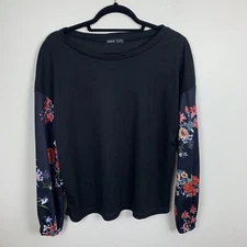 Shein Woman's Waffle  Knit navy  floral contrasting sleeves pullover top Size 4