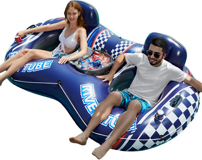 Heavy Duty Inflatable River Tube Float for 2 with Cooler & Cup Holders