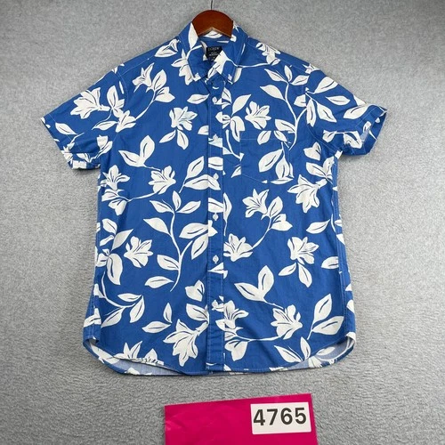 J Crew Flex Washed Tropical Print Shirt Blue Button Up Short Sleeve Mens Medium