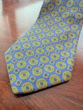 Brooks Brothers Makers Silk Tie Men Yellow Blue Geometric Medallion USA Made