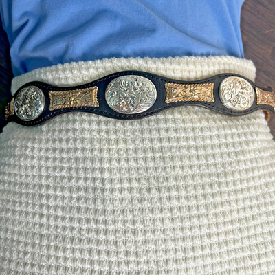 Womens Leather Belt Silver Gold Conchos Black Size 28 Western NO BUCKLE 4713