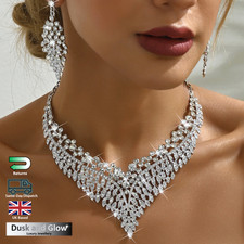 UK Women Ladies Fashion Silver Jewelry Necklace Drop Earrings Set Wedding Gift