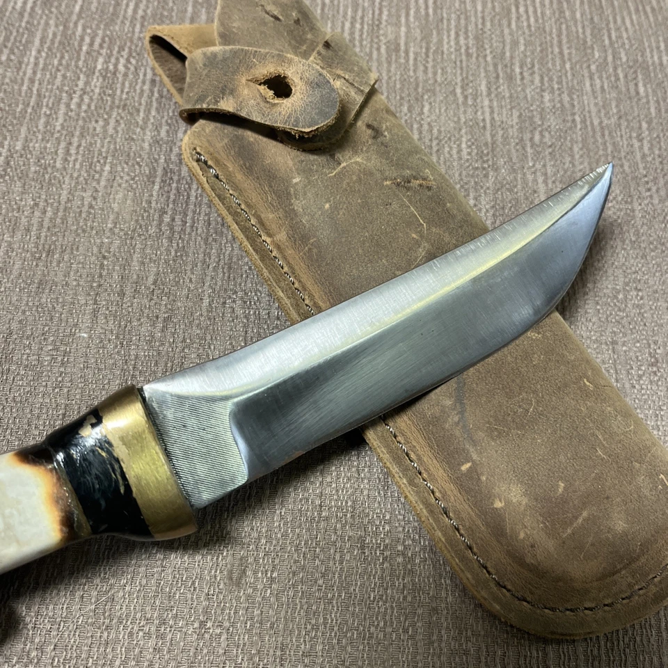 Cuchillo de archivo vintage, sin marca, EE. UU., hecho a mano, pesado, ciervo, original Funda Foto 4 de 4