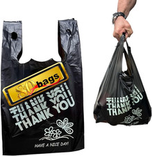 Black Thank you bags, HEAVY DUTY 22MIC bags, Black Plastic Bags with handle, Gro