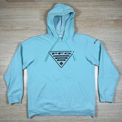Columbia PFG Hoodie Mens Medium Aqua Blue Big Logo Pullover Sweatshirt