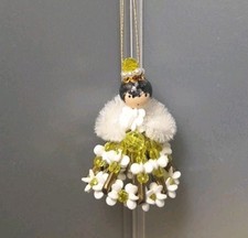 Vtg Safety Pin Beaded Doll w/Muff Ornament and Vtg Beaded Bracelet w/bell