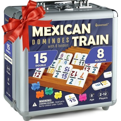 Queensell Mexican Train Dominoes Set Double 15, 136 Tiles, 8 Holders, Aluminum