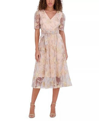 kensie Women's Embroidered Mesh Tie-Waist Midi Dress Champagne Size 6 $$148